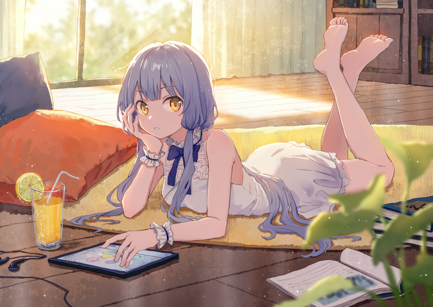 1girl, bare_legs, bare_shoulders, barefoot, blue_bow, blue_bowtie, blurry, book, book_stack, bookshelf, bow, bowtie, breasts, crossed_ankles, cup, curtains, depth_of_field, mp3_player, dress, drinking_glass, drinking_straw, earphones, earphones_removed, feet, feet_up, food, frilled_dress, frills, fruit, full_body, hair_ribbon, halter_dress, halterneck, hand_on_own_cheek, hand_on_own_face, head_rest, indoors, lace, lemon, lemon_slice, lemonade, light_particles, long_hair, looking_at_viewer, lying, medium_breasts, on_floor, on_stomach, parted_lips, pillow, plant, purple_hair, ribbon, rug, running_bond, short_dress, sidelocks, silver_hair, sleeveless, sleeveless_dress, sliding_doors, soles, solo, tablet_pc, the_pose, toes, touchscreen, tress_ribbon, very_long_hair, vocaloid, white_dress, window_shadow, wooden_floor, wrist_cuffs, xingchen, yellow_eyes, yumo_(mimengfeixue)