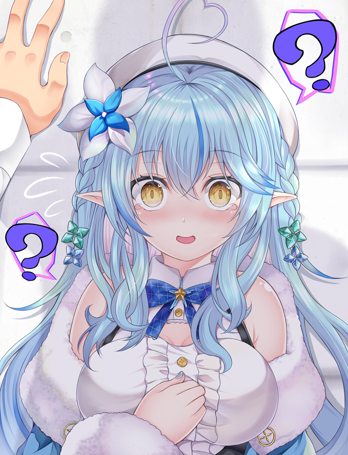 1girl, ?, beret, blush, breasts, cleavage, commentary_request, eyelashes