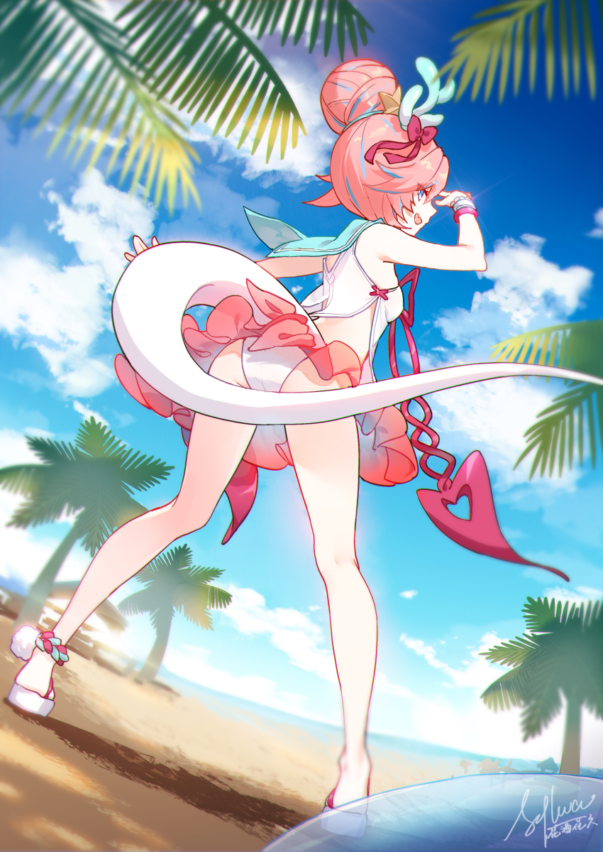 1girl, :d, absurdres, arm_up, ass, bare_legs, beach, blue_eyes