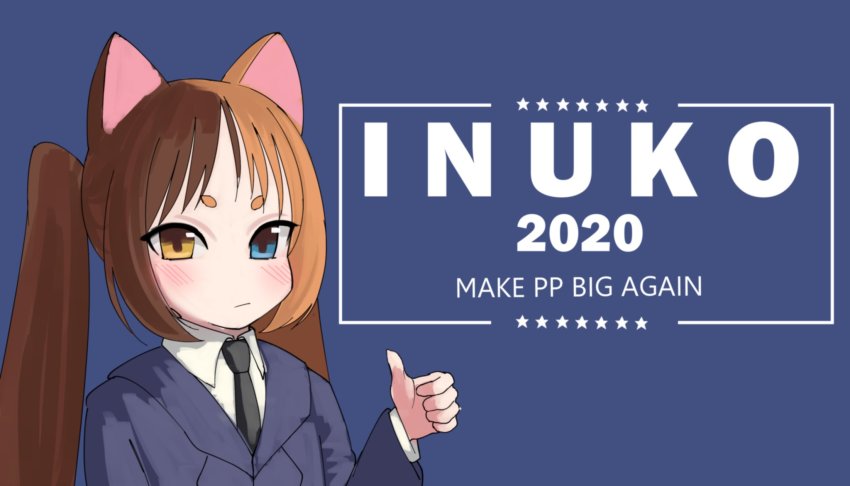 1girl, 2020, animal_ears, black_neckwear, blue_background, blue_eyes, blue_suit, blush, brown_hair, cat_ears, cat_girl, character_name, closed_mouth, collared_shirt, formal_clothes, heterochromia, highres, inuko_(voccu), light_brown_hair, light_frown, long_hair, long_sleeves, long_twintails, make_america_great_again, multicolored_hair, necktie, parody, shirt, simple_background, source_quote_parody, star_(symbol), suit, thick_eyebrows, thumbs_up, twintails, upper_body, voc, yellow_eyes