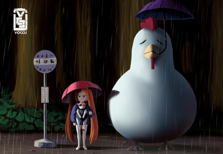 1girl, absurdres, animal, animal_ears, artist_logo, artist_name, baby_carrier, barefoot, bird, blue_eyes, blue_jacket, brown_hair, bus_stop, bus_stop_sign, calico_(pattern), carrying_animal, cat, cat_ears, cat_girl, chicken, closed_mouth, collar, creature, facing_viewer, forest, full_body, heterochromia, highres, inuko_(voccu), jacket, light_brown_hair, light_frown, logo, long_sleeves, long_twintails, multicolored_hair, nature, night, outdoors, oversized_animal, pale_skin, parody, rain, red_collar, studio_ghibli, tonari_no_totoro, totoro_bus_stop, twintails, two-tone_hair, umbrella, voc, yellow_eyes