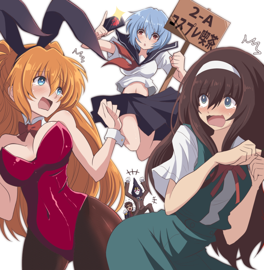 2girls, 3boys, androgynous, animal_ears, arm_up, arms_up, ayanami_rei, bare_arms