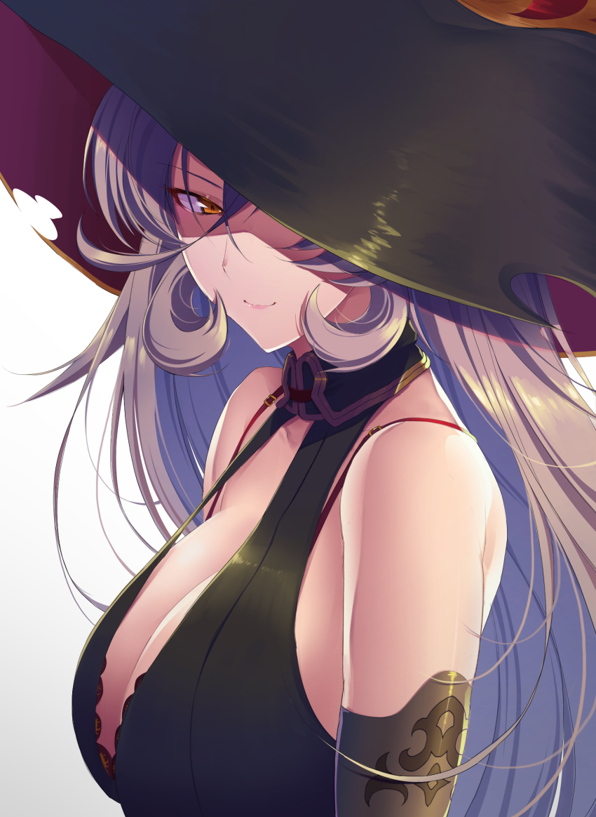 1girl, black_dress, black_gloves, blush, breasts, cleavage, dress, gloves, hair_between_eyes, hat, highres, kariginu_(gureviyo582), large_breasts, light_brown_hair, long_hair, looking_at_viewer, nijisanji, nui_sociere, nui_sociere_(1st_costume), sleeveless, sleeveless_dress, smile, solo, virtual_youtuber, witch_hat, yellow_eyes