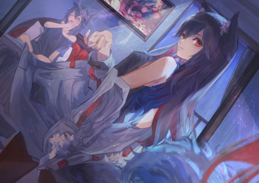 2girls, absurdres, animal_ear_fluff, animal_ears, arknights, bed, black_hair, black_shirt