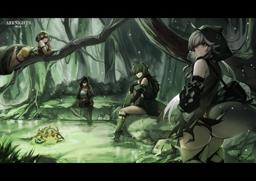 5girls, absurdres, alternate_breast_size, arknights, bang_telex, breasts, brown_hair, crocodilian_tail