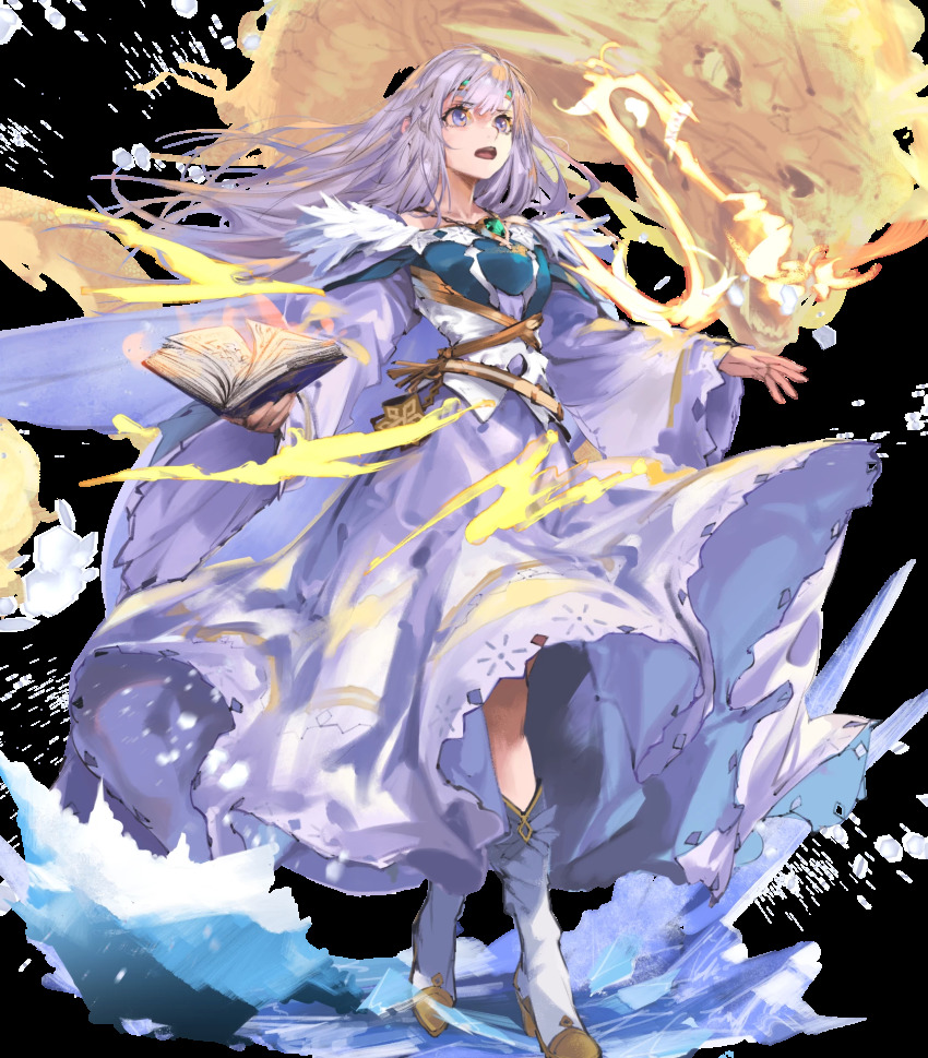 1girl, alternate_costume, artist_request, belt, book, boots, circlet, dragon