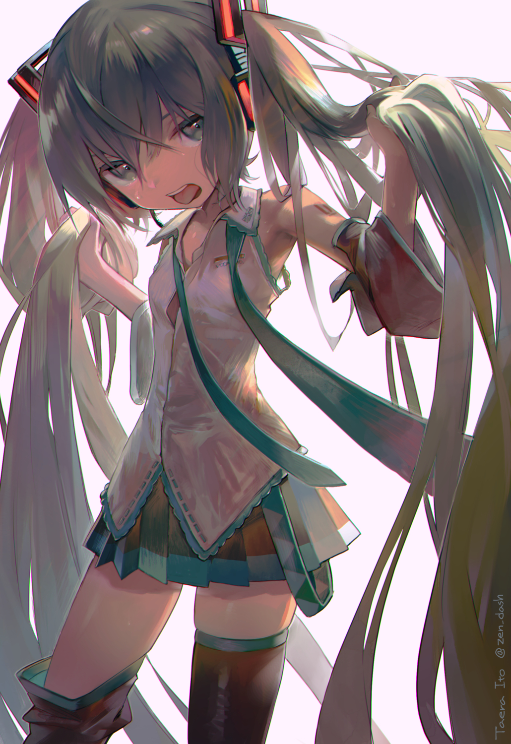 1girl, absurdly_long_hair, aqua_eyes, aqua_hair, aqua_necktie, artist_name, backlighting, bare_shoulders