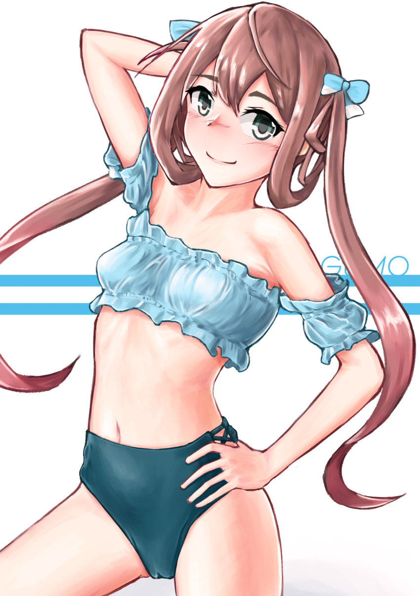 1girl, arm_up, asagumo_(kancolle), bikini, breasts, brown_hair, commentary_request, cowboy_shot