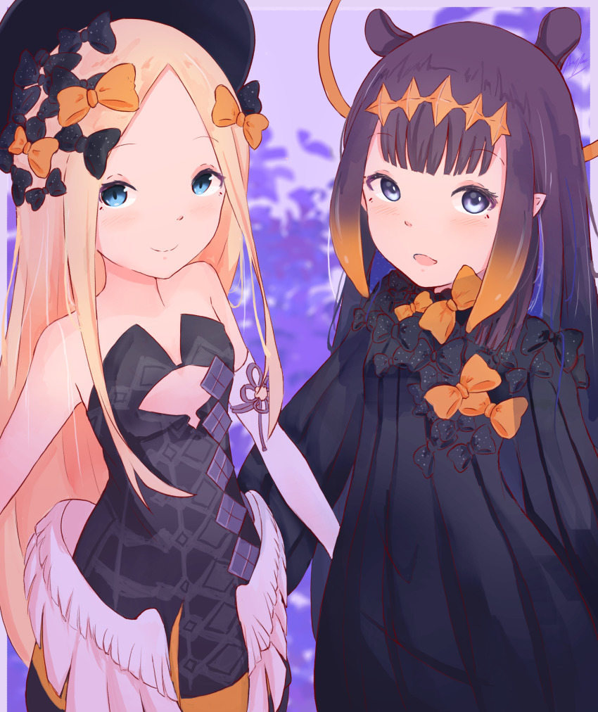 2girls, abigail_williams_(fate), abigail_williams_(fate)_(cosplay), abigail_williams_(first_ascension)_(fate), absurdres, bare_shoulders, black_bow, black_dress