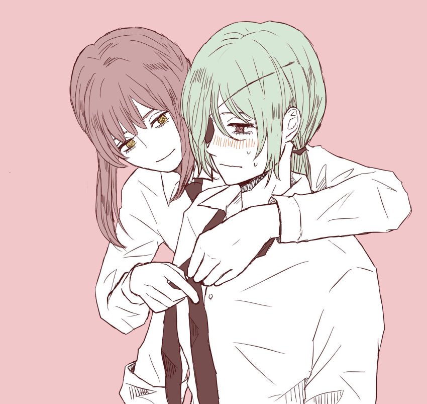 2girls, adjusting_clothes, adjusting_necktie, arm_around_neck, black_necktie, blush, braid, braided_ponytail