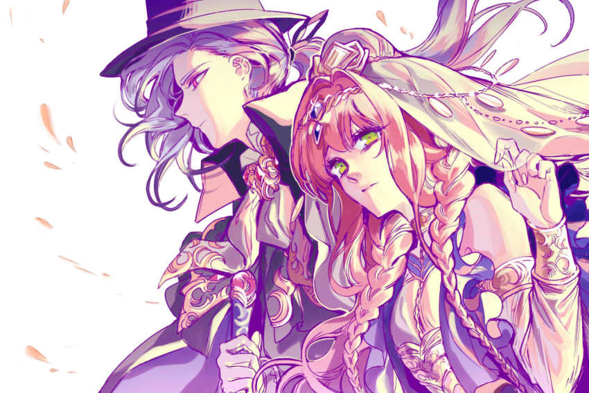 1boy, 1girl, arm_warmers, ascot, black_headwear, braid, brooch, brown_hair