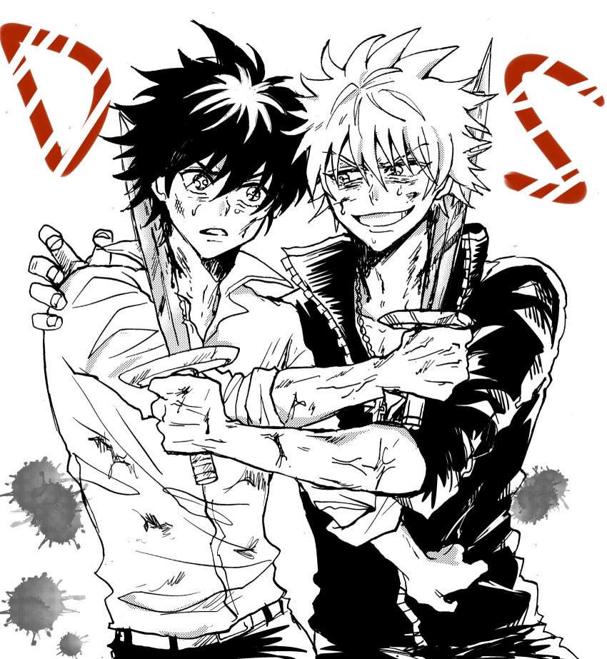 2boys, black_hair, black_jacket, coro_(leocorok), cross, cross_necklace, darren_shan, highres