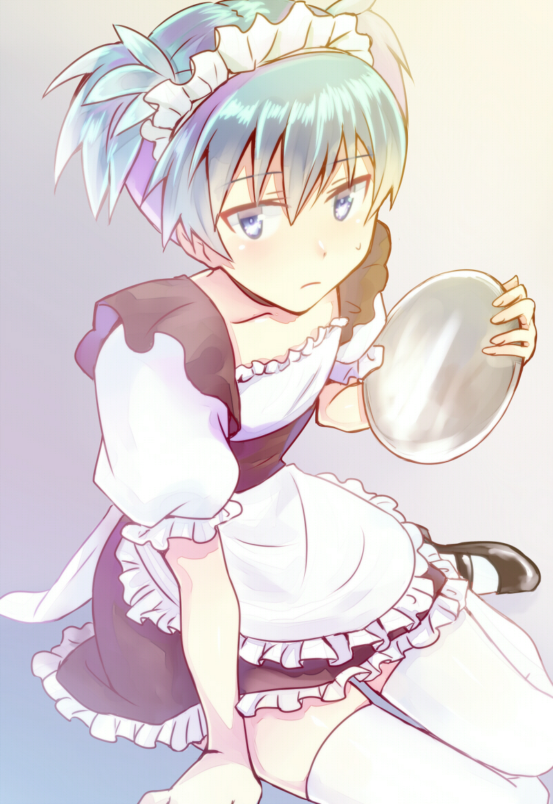 1boy, ansatsu_kyoushitsu, apron, black_shoes, blue_eyes, blue_hair, blush, collarbone, crossdressing, crossdressing_(mtf), dress, frilled_dress, frills, hair_between_eyes, holding, maid, maid_apron, maid_headdress, male_focus, male_maid, mary_janes, rosa_tsubomi, seiza, shiota_nagisa, shoes, short_hair, simple_background, sitting, solo, sweat, trap, tray, white_legwear