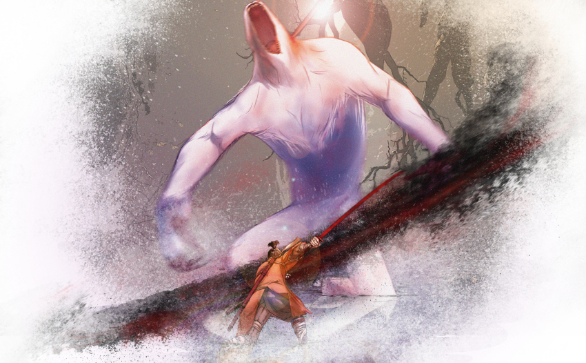 1boy, ape, attack, backlighting, bandages, black_hair, blood, claws