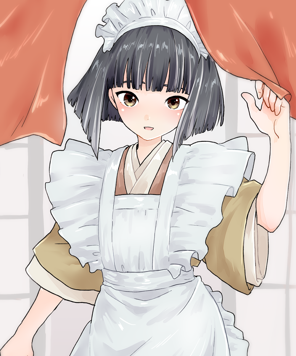 1boy, alternate_costume, apron, black_hair, blunt_bangs, blush, brown_dress, brown_eyes, commentary_request, crossdressing, crossdressing_(mtf), curtains, dress, frilled_apron, frills, hand_up, highres, japanese_clothes, kuro_the_divine_heir, layered_sleeves, looking_at_viewer, maid, maid_apron, maid_headdress, male_focus, male_maid, open_mouth, sekiro:_shadows_die_twice, short_hair, short_sleeves, smile, solo, trap, wa_maid, walnut1229, white_apron, wide_sleeves