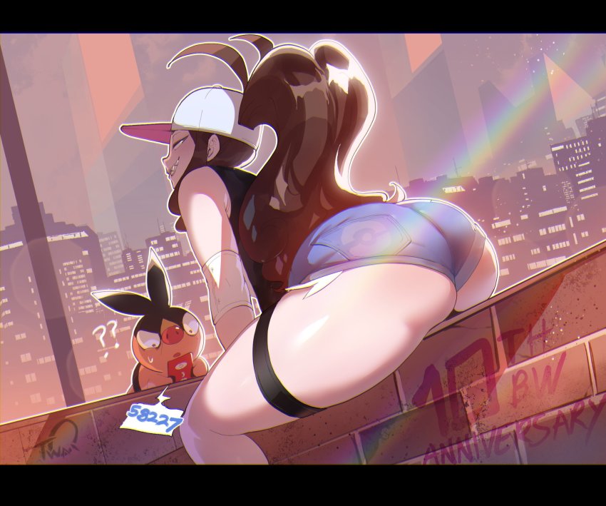 1girl, ass, bad_id, bad_twitter_id, baseball_cap, black_vest, blouse, blue_eyes, brown_hair, cityscape, cutoffs, denim, denim_shorts, from_behind, gen_5_pokemon, grin, hat, high_ponytail, highres, hilda_(pokemon), huge_ass, letterboxed, long_hair, looking_at_viewer, looking_back, meme, nintendo, nyantcha, parted_lips, pokemon, pokemon_(creature), pokemon_black_and_white, ponytail, rainbow, sharp_teeth, shiny_skin, shirt, short_shorts, shorts, sidelocks, sitting, sleeveless, sleeveless_shirt, smile, teeth, tepig, thick_thighs, thigh_strap, thighs, vest, wristband