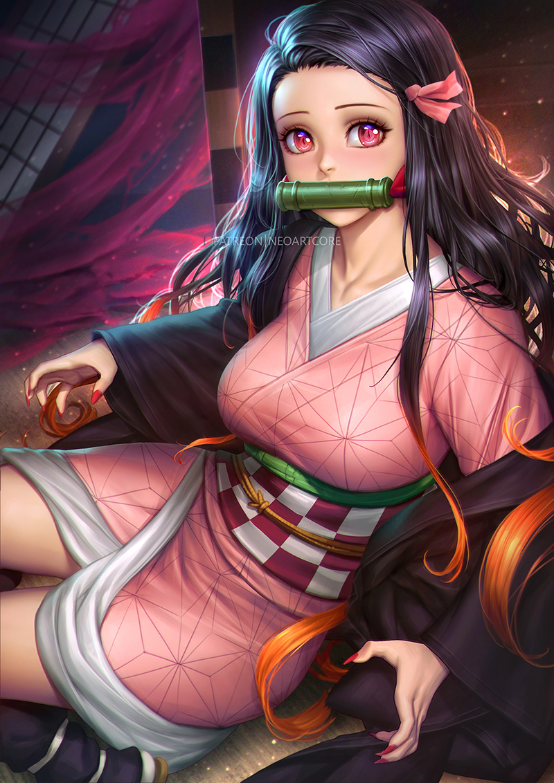 1girl, architecture, asa_no_ha_(pattern), bamboo, bit_gag, black_hair, blush, breasts, checkered_sash, commentary, east_asian_architecture, english_commentary, feet_out_of_frame, fingernails, forehead, gag, hair_ribbon, japanese_clothes, kamado_nezuko, kimetsu_no_yaiba, kimono, kyahan, large_breasts, long_fingernails, long_hair, long_sleeves, looking_at_viewer, mouth_hold, multicolored_hair, nail_polish, neoartcore, obi, off_shoulder, orange_hair, paid_reward_available, patreon_logo, patreon_username, pink_eyes, pink_kimono, pink_nails, pink_ribbon, print_kimono, realistic, red_nails, ribbon, rope_belt, sash, sharp_fingernails, shouji, sitting, sliding_doors, slit_pupils, solo, taut_clothes, thighs, very_long_hair