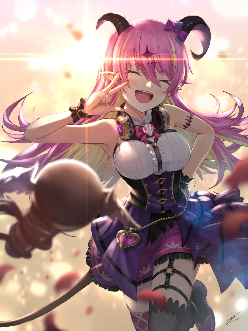 1girl, :d, ^_^, absurdres, asymmetrical_horns, asymmetrical_legwear, black_thighhighs, blonde_hair, blurry, breasts, center_frills, chest_harness, closed_eyes, colored_inner_hair, commentary_request, corset, depth_of_field, fingernails, frills, harness, headphones, highres, hololive, huge_filesize, jewelry, litkung, long_fingernails, long_hair, mano_aloe, medium_breasts, microphone, mismatched_legwear, multicolored_hair, nail_polish, open_mouth, pink_hair, pink_nails, pointy_ears, purple_thighhighs, signature, skindentation, sleeveless, smile, solo, teeth, thighhighs, uneven_horns, upper_teeth_only, virtual_youtuber, w