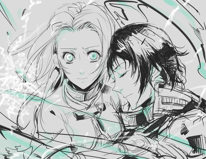 1boy, 1girl, bad_id, bad_pixiv_id, brother_and_sister, closed_eyes, expressionless, grey_background