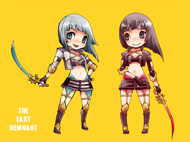 2girls, chibi, hana_(last_remnant), hannah_(last_remnant), hina_(last_remnant), hinnah_(last_remnant), hitsuji_nana, midriff
