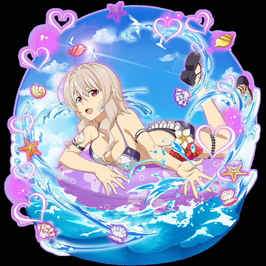 1girl, ahoge, arm_strap, bikini, bikini_skirt, breast_press, breasts, cleavage