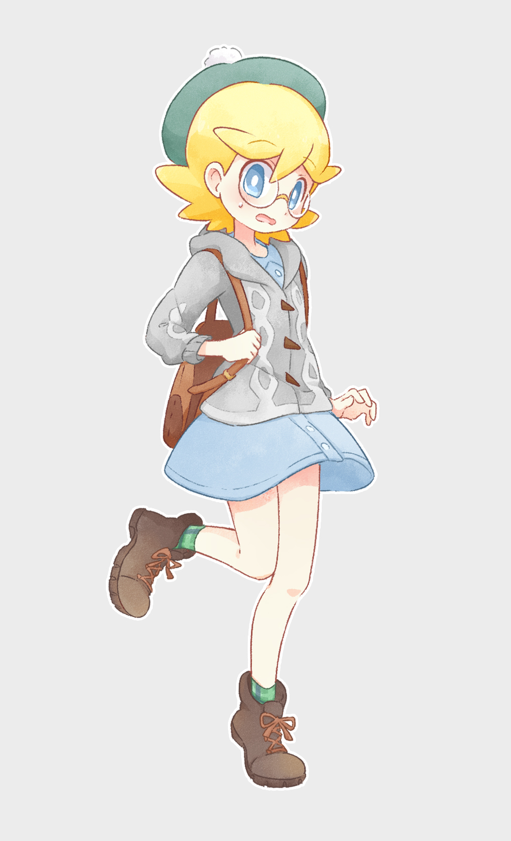 1boy, akasaka_(qv92612), backpack, bag, blue_dress, blush, boots, brown_bag, brown_boots, buttons, cardigan, clemont_(pokemon), collared_dress, commentary_request, cosplay, crossdressing, crossdressing_(mtf), dress, full_body, gloria_(pokemon), gloria_(pokemon)_(cosplay), green_hat, green_socks, grey_cardigan, hat, highres, holding_strap, hood, hooded_cardigan, leg_up, male_focus, nintendo, plaid_clothes, plaid_legwear, plaid_socks, pokemon, pokemon_sword_and_shield, pokemon_x_and_y, socks, solo, standing, standing_on_one_leg, sweat, tam_o'_shanter, trap
