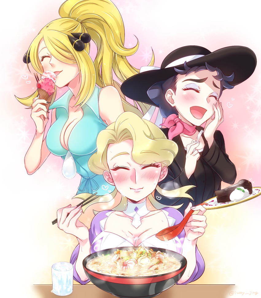 3girls, bare_arms, black_hair, black_nails, blonde_hair, blush, bowl, braid