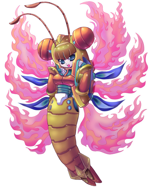 1girl, antennae, arthropod_girl, bad_id, bad_pixiv_id, capcom, colored_skin, female_focus, fiery_wings, fire, full_body, gem_(ddt), gem_(pixiv), long_hair, mega_man_(series), mega_man_zero_(series), mega_man_zero_4, simple_background, sol_titanion_(mega_man), solo, very_long_hair, white_background, white_skin, wings