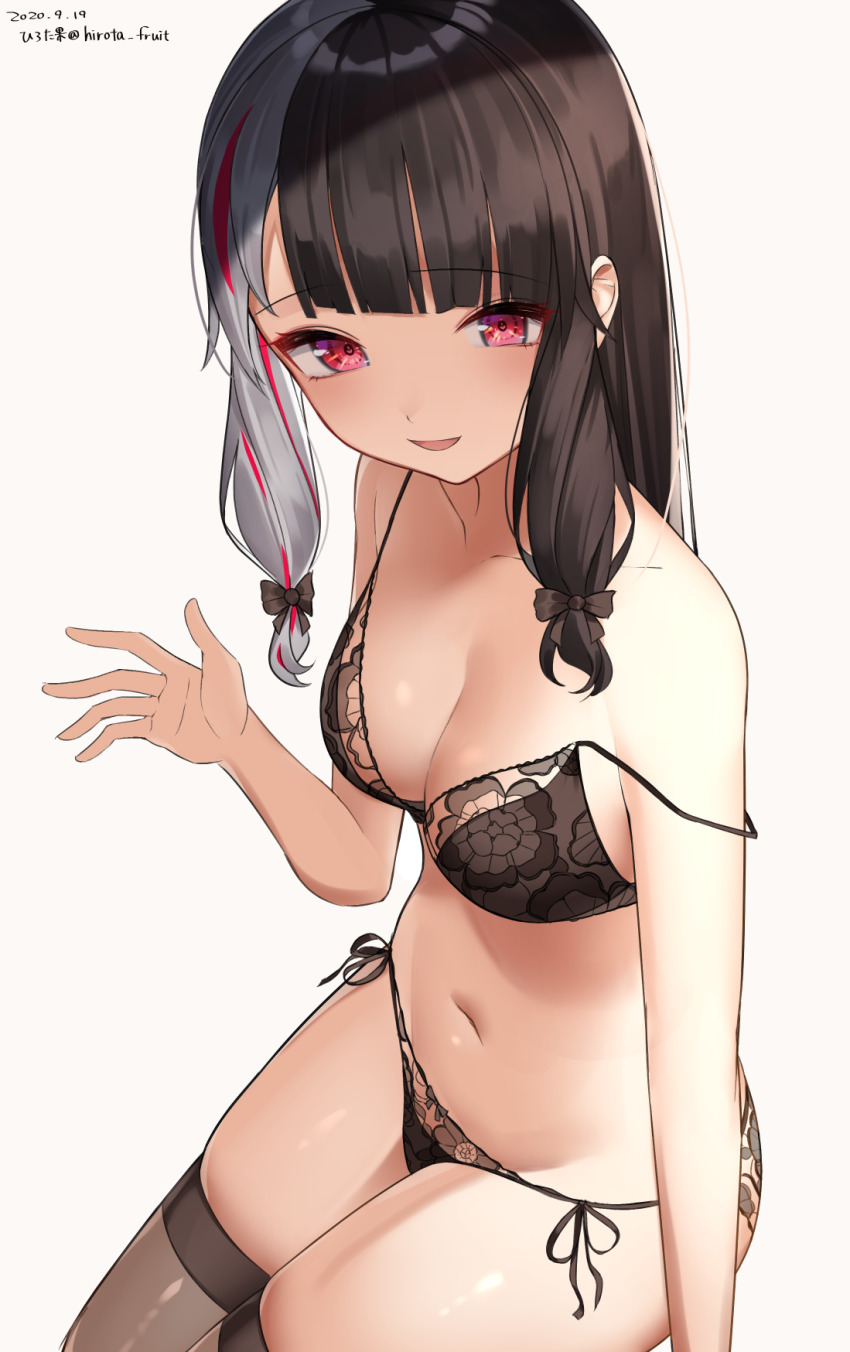 1girl, :d, bare_shoulders, black_bra, black_hair, black_panties, black_thighhighs, blush