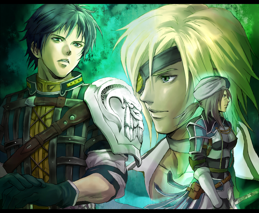 1girl, 2boys, armor, bandana, black_gloves, black_hair, blonde_hair, breastplate