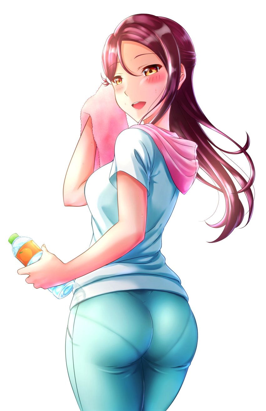 1girl, absurdres, artist_name, artist_request, ass, blue_pants, blush, breasts, brown_eyes, brown_hair, chishio_(2008), collarbone, female_focus, from_behind, hair_between_eyes, hair_ornament, hairclip, highres, holding, holding_towel, jacket, long_hair, looking_at_viewer, looking_back, love_live!, love_live!_school_idol_project_idol_festival, love_live!_sunshine!!, medium_breasts, pants, pantylines, parted_lips, red_hair, sakurauchi_riko, shirt, smile, solo, towel, white_background, white_jacket, wristband, yellow_eyes