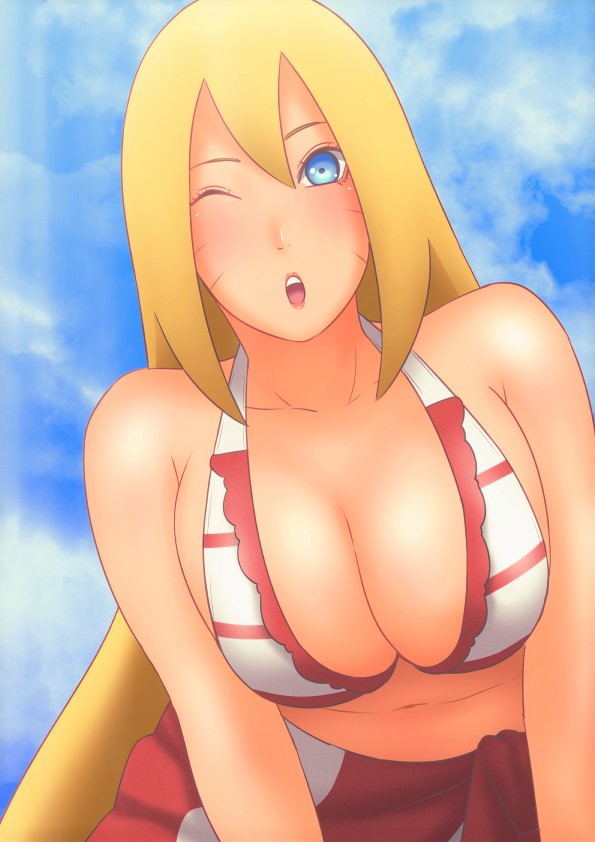 1girl, ass, bikini, blonde_hair, blue_eyes, blush, boruko, boruto:_naruto_next_generations, boruto:_naruto_the_movie, breasts, cowboy_shot, eeshin_(eishin5584), facial_mark, from_behind, genderswap, genderswap_(mtf), heart, large_breasts, long_hair, looking_at_viewer, looking_back, naruto_(classic), naruto_(series), parted_lips, sexy_no_jutsu, skindentation, solo, swimsuit, twintails, uzumaki_boruto, whisker_markings
