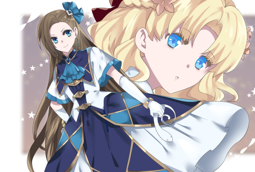 2girls, asymmetrical_bangs, blonde_hair, blue_bow, blue_dress, blue_eyes, blue_neckwear, bow, bracelet, braid, brooch, brown_hair, dress, earrings, female_focus, flower, gloves, hair_bow, hair_flower, hair_ornament, hand_on_own_hip, holding, holding_stuffed_toy, jewelry, katarina_claes, long_hair, looking_at_viewer, mamebi, maria_campbell, multiple_girls, otome_game_no_hametsu_flag_shika_nai_akuyaku_reijou_ni_tensei_shite_shimatta, short_hair, short_sleeves, smile, stuffed_snake, stuffed_toy, white_gloves