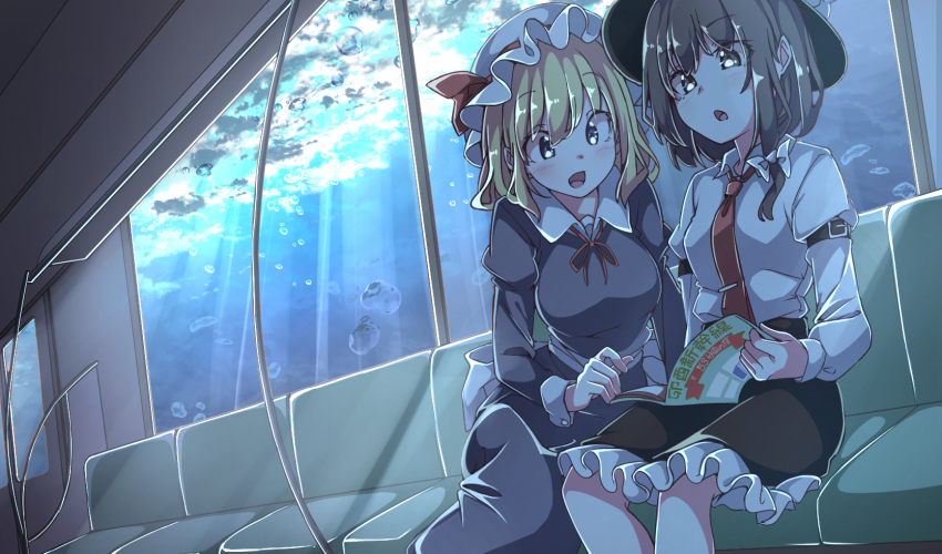 2girls, back_bow, black_headwear, black_skirt, blonde_hair, blue_dress, blush, bow