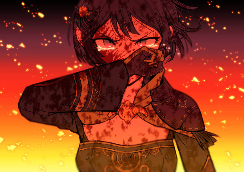 1girl, arm_up, armor, bernadetta_von_varley, breasts, cleavage, crying, fire