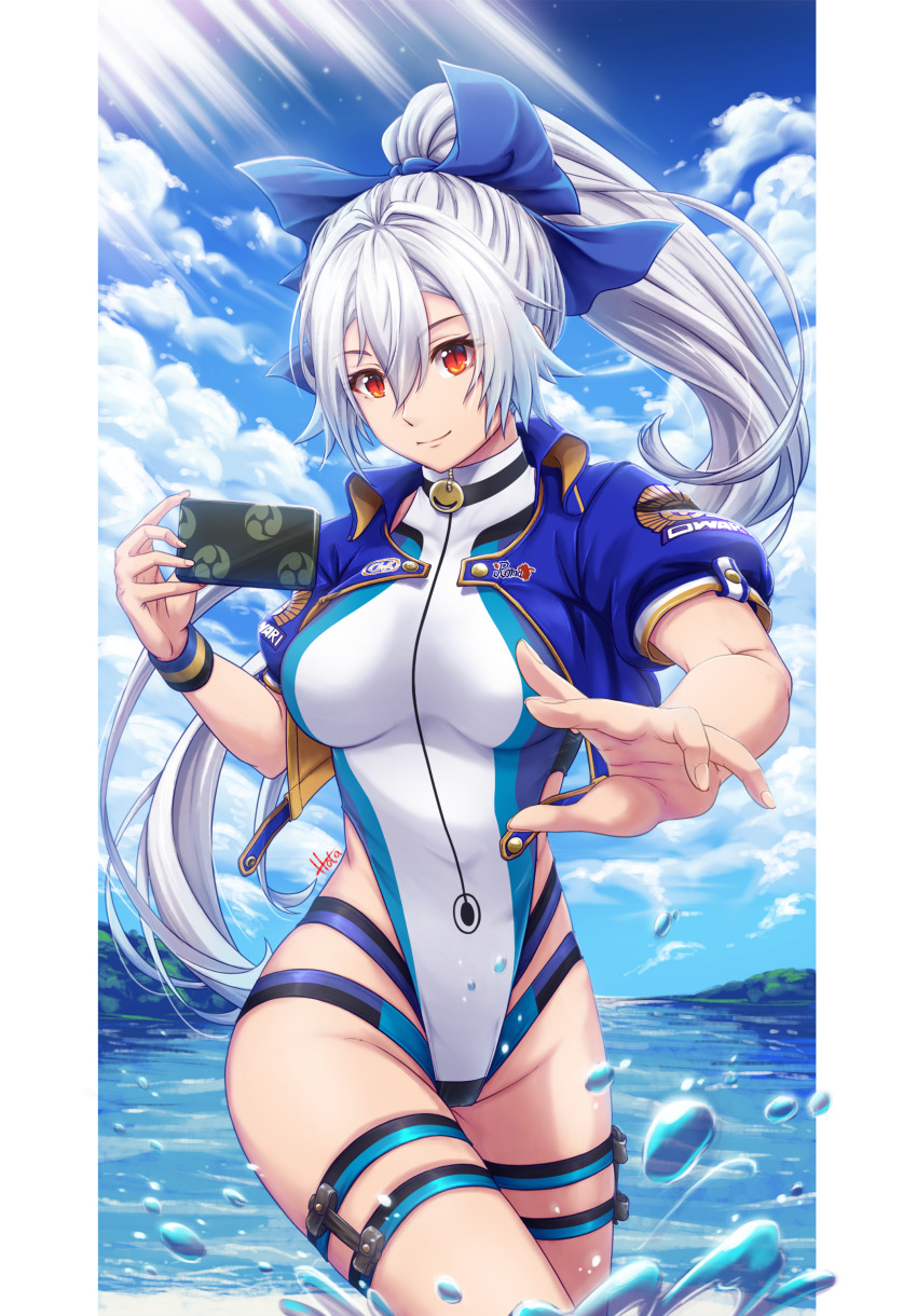 1girl, absurdres, blue_bow, blue_jacket, blue_one-piece_swimsuit, blue_sky, border, bow, breasts, cellphone, cloud, competition_swimsuit, cropped_jacket, day, fate/grand_order, fate_(series), hair_between_eyes, hair_bow, highleg, highleg_one-piece_swimsuit, highres, holding, holding_phone, hotaru_kiyo, jacket, large_breasts, long_hair, mitsudomoe_(shape), one-piece_swimsuit, partially_submerged, phone, ponytail, red_eyes, short_sleeves, silver_hair, sky, slit_pupils, smartphone, solo, striped_wristband, sunlight, swimsuit, thigh_strap, tomoe_(symbol), tomoe_gozen_(fate), tomoe_gozen_(swimsuit_saber)_(fate), tomoe_gozen_(swimsuit_saber)_(first_ascension)_(fate), two-tone_swimsuit, very_long_hair, wading, water, white_border, white_one-piece_swimsuit, wristband