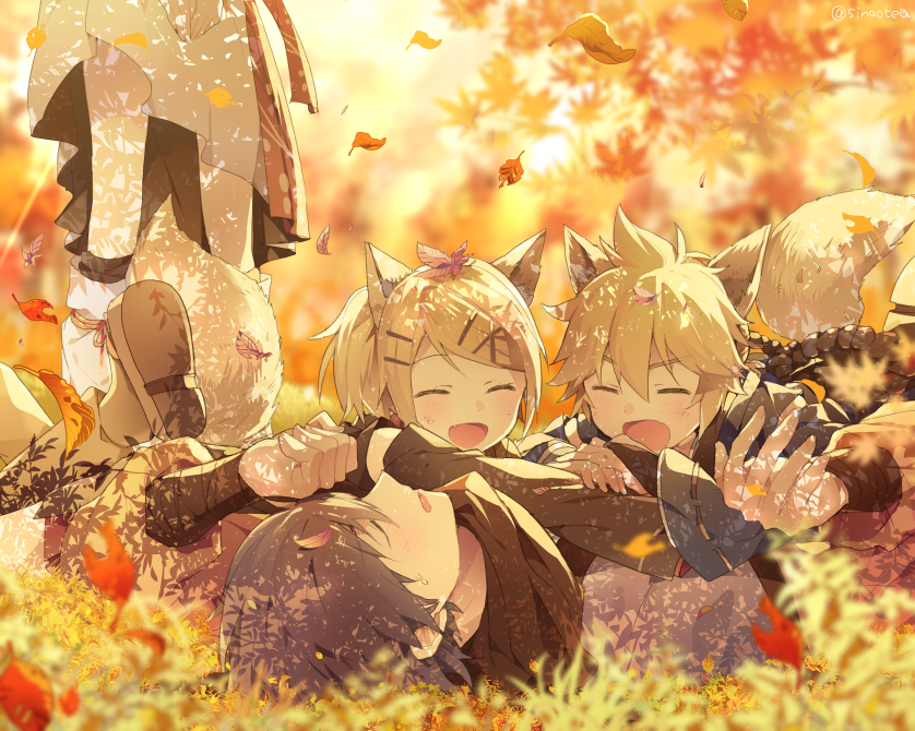 1girl, 2boys, ^_^, animal_ears, autumn, autumn_leaves, black_scarf, blonde_hair