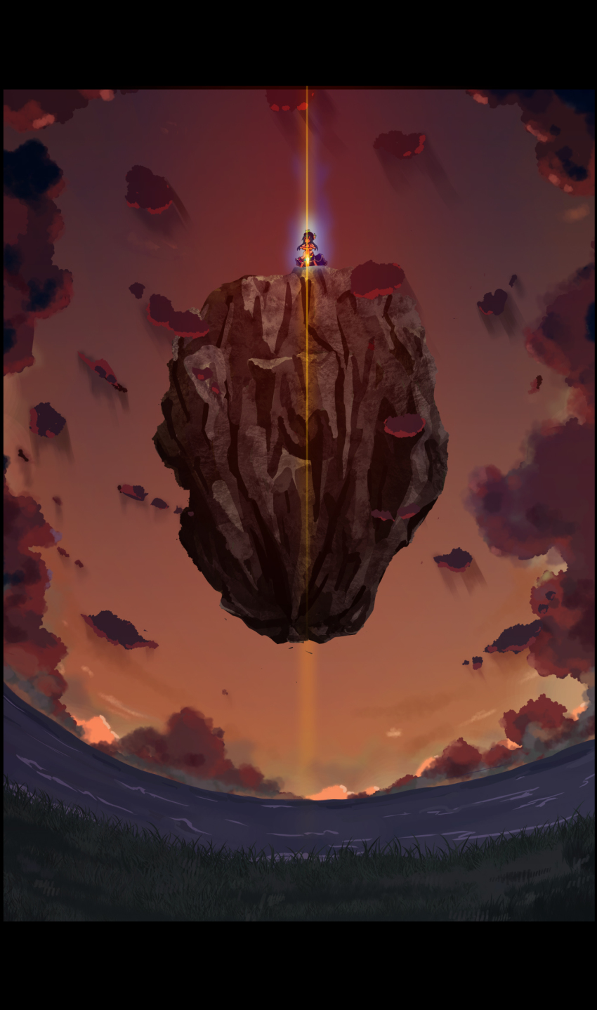 1girl, energy_sword, epic, female_focus, fisheye, floating, floating_island, highres