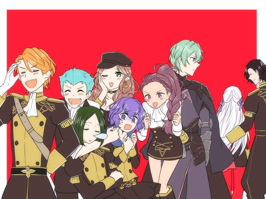 4girls, 5boys, armor, bernadetta_von_varley, black_hair, blue_hair, breasts, brown_hair