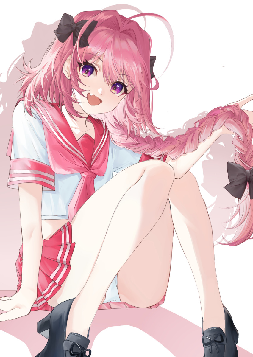 1boy, ahoge, astolfo_(fate), astolfo_(sailor_paladin)_(fate), black_bow, black_shoes, blush, bow, braid, crop_top, fang, fate/apocrypha, fate/grand_order, fate_(series), hair_intakes, highres, knees_up, loafers, long_braid, long_hair, looking_at_viewer, male_focus, multicolored_hair, neckerchief, official_alternate_costume, open_mouth, panties, phanta, pink_hair, pink_neckerchief, pink_sailor_collar, pink_skirt, pleated_skirt, purple_eyes, sailor_collar, school_uniform, serafuku, shirt, shoes, short_sleeves, simple_background, single_braid, sitting, skin_fang, skirt, smile, solo, streaked_hair, trap, underwear, white_background, white_hair, white_panties, white_shirt