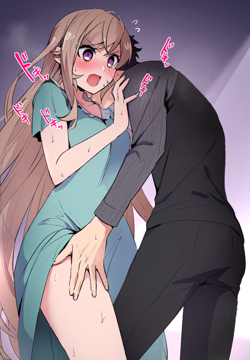 1boy, 1girl, black_hair, black_pants, blush, breasts, brother_and_sister, brown_hair