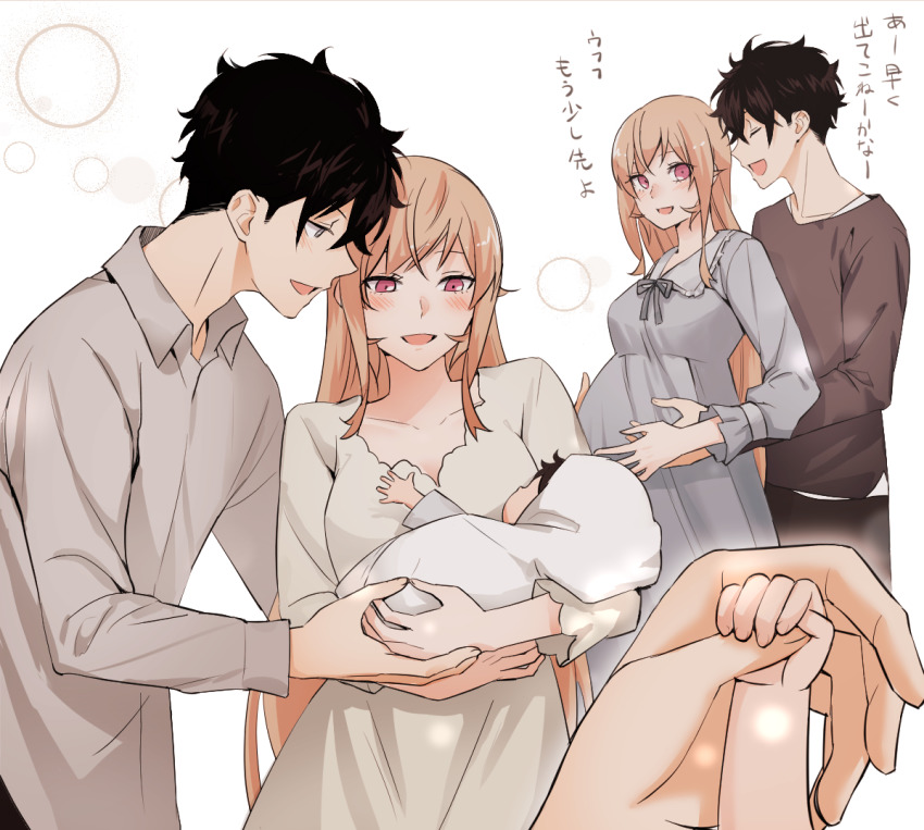 1boy, 1girl, 1other, ambiguous_gender, baby, beige_dress, black_hair, blush, brother_and_sister, carrying_baby, carrying_person, closed_eyes, collarbone, collared_shirt, commentary_request, doromame, dress, dress_shirt, facing_another, family, green_dress, grey_shirt, hair_between_eyes, hand_up, hetero, if_they_mated, incest, long_hair, long_sleeves, looking_at_another, multiple_views, nakiri_asahi, nakiri_erina, open_mouth, pink_eyes, pregnant, shirt, shokugeki_no_souma, short_hair, siblings, smile, thumb, translation_request, upper_body, very_short_hair