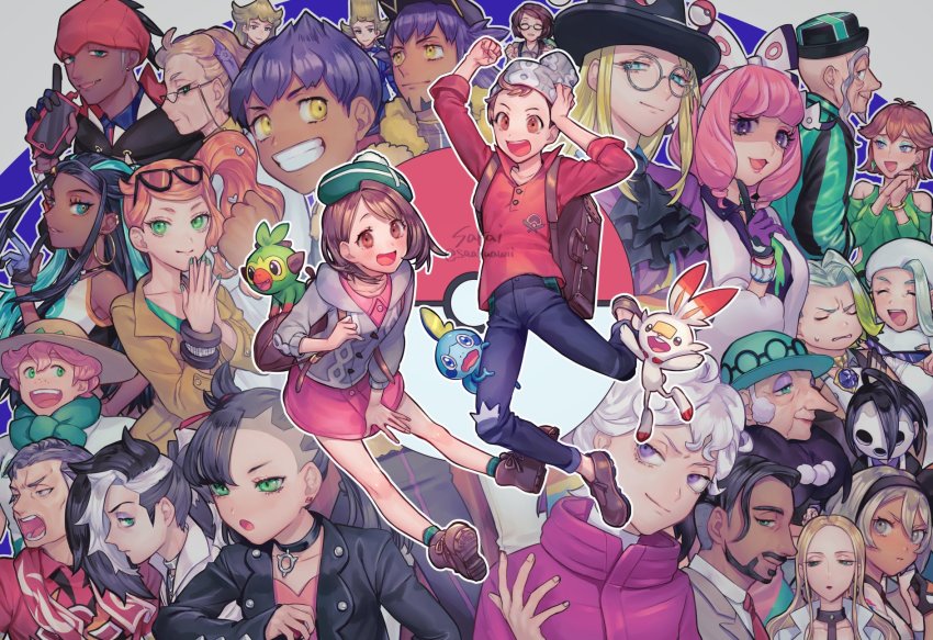 6+boys, 6+girls, ahoge, allister_(pokemon), artist_name, ascot, asymmetrical_bangs, avery_(pokemon), backpack, bag, baseball_cap, bea_(pokemon), beanie, bede_(pokemon), beige_headwear, black_hair, black_hairband, black_headwear, black_hoodie, black_jacket, black_neckwear, blonde_hair, bob_cut, boots, bow_hairband, brown_bag, brown_eyes, brown_footwear, brown_hair, buttons, cable_knit, cardigan, coat, collared_dress, collared_shirt, commentary_request, curly_hair, dark-skinned_female, dark-skinned_male, dark_skin, denim, dress, dynamax_band, earrings, eyeshadow, eyewear_on_head, facial_hair, freckles, fur_jacket, fur_trim, galar_mother, gen_8_pokemon, glasses, gloria_(pokemon), gordie_(pokemon), green_eyes, green_headwear, green_legwear, grey_cardigan, grey_eyes, grey_hair, grey_headwear, grookey, group_picture, gym_leader, hair_between_eyes, hair_ribbon, hairband, hat, highres, holding, holding_poke_ball, honey_(pokemon), hood, hooded_cardigan, hoodie, hoop_earrings, hop_(pokemon), jacket, jeans, jewelry, kabu_(pokemon), klara_(pokemon), leon_(pokemon), long_hair, professor_magnolia, makeup, marnie_(pokemon), mask, mature_female, melony_(pokemon), milo_(pokemon), mole, mole_under_mouth, mother_(pokemon), multicolored_hair, multiple_boys, multiple_girls, mustard_(pokemon), necktie, nessa_(pokemon), nintendo, old, old_man, old_woman, oleana_(pokemon), opal_(pokemon), open_mouth, orange_hair, pants, piers_(pokemon), pink_dress, pink_eyeshadow, pink_hair, pink_lips, plaid_clothes, plaid_legwear, poke_ball, poke_ball_(basic), pokemon, pokemon_(creature), pokemon_sword_and_shield, popped_collar, purple_eyes, purple_eyeshadow, purple_hair, raihan_(pokemon), red_lips, red_neckwear, red_ribbon, red_shirt, ribbon, rose_(pokemon), round_eyewear, sakai_(motomei), scorbunny, shielbert_(pokemon), shirt, shoes, short_hair, short_sleeves, siblings, side_ponytail, sleeves_rolled_up, smile, sobble, socks, sonia_(pokemon), sordward_(pokemon), starter_pokemon_trio, suitcase, sun_hat, sunglasses, swept_bangs, tam_o'_shanter, teeth, top_hat, torn_clothes, torn_jeans, torn_pants, towel, towel_around_neck, two-tone_hair, victor_(pokemon), white_coat, white_hair, white_headwear, white_jacket, white_shirt