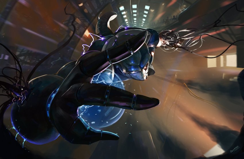 1boy, cable, closed_mouth, commentary, dragon_ball, dragonball_z, electricity, english_commentary