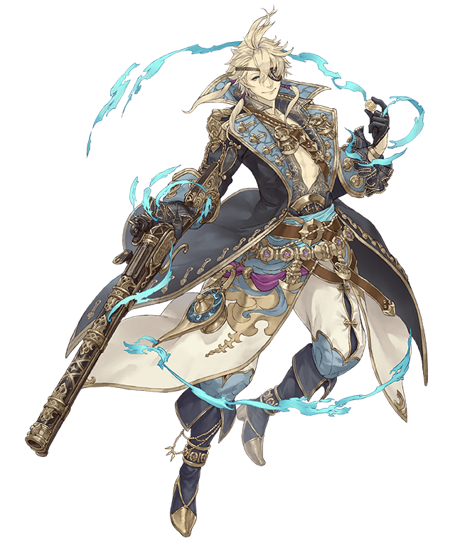 1boy, aladdin_(sinoalice), antique_firearm, belt, blonde_hair, blue_eyes, coin, eyepatch