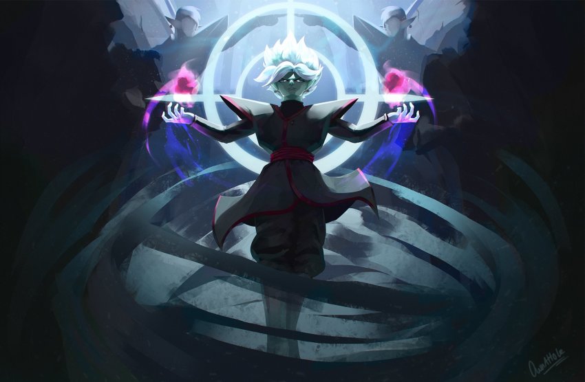 1boy, colored_skin, commentary, dragon_ball, dragon_ball_super, earrings, energy_ball, english_commentary, evil_smile, floating, fused_zamasu, green_skin, halo, highres, jewelry, looking_at_viewer, male_focus, outstretched_arms, ownahole, potara_earrings, smile, smirk, solo, white_hair, zamasu