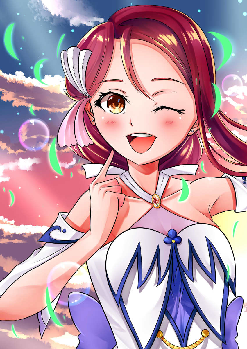 1girl, absurdres, artist_name, artist_request, bare_shoulders, blue_sky, blush, breasts