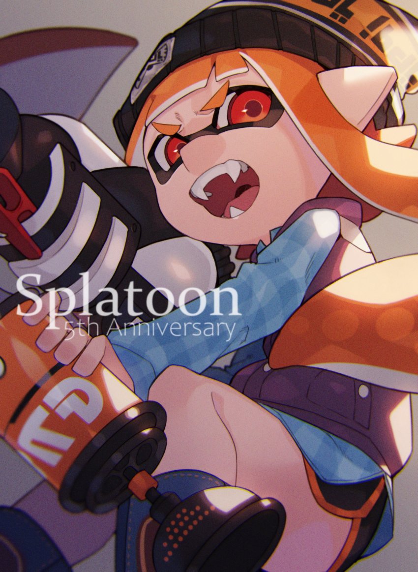 1girl, absurdres, anniversary, beanie, black_boots, black_shorts, blue_shirt, blunt_bangs