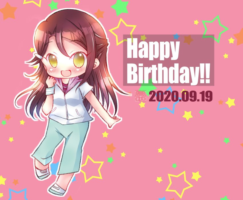 1girl, aoya_(canyon), artist_name, artist_request, blue_pants, blush, brown_eyes, brown_hair