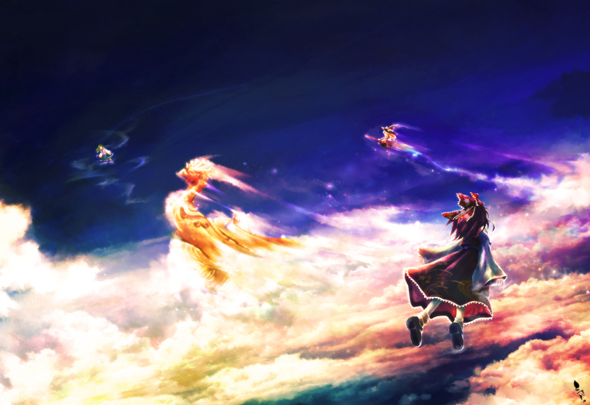 3girls, bad_id, bad_pixiv_id, blonde_hair, cloud, female_focus, flying, hakurei_reimu